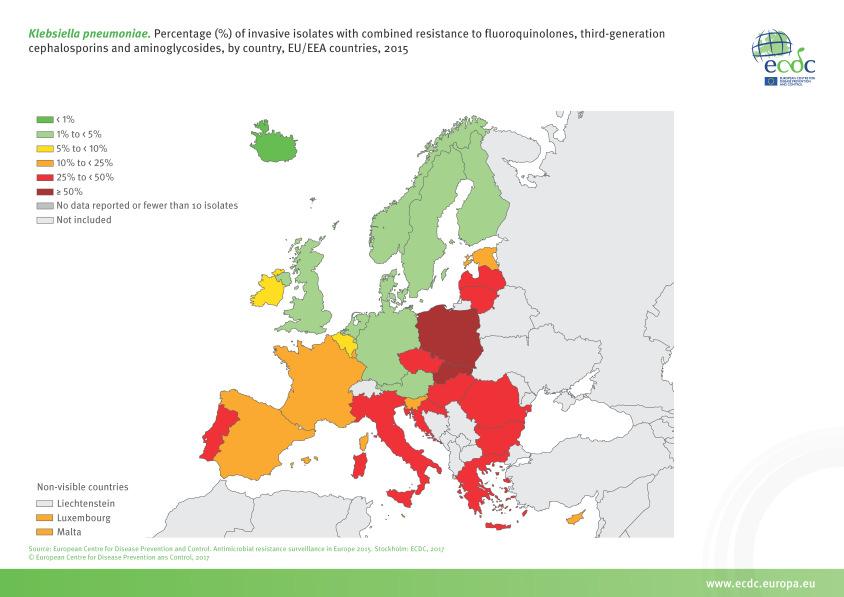 80,0% Klebsiella pneumoniae - odsetek opornych 70,0% 60,0% 50,0% 40,0% 30,0% 20,0% 10,0% III-gen cefalosporyny aminoglikozydy fluorochinolony karbapenemy kolistyna MDR 53,6% 0,0% 2010 2011 2012 2013