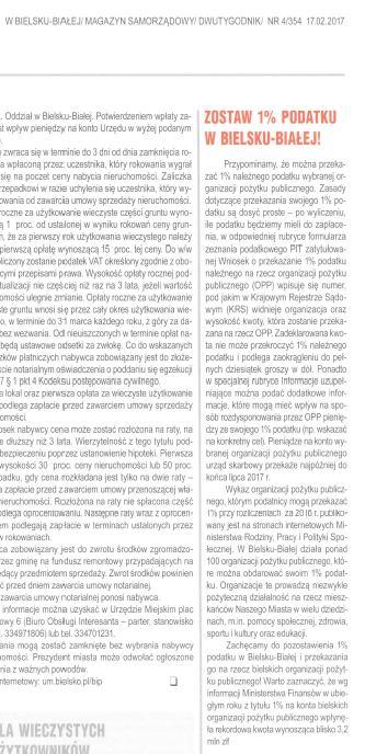 Zachęcano mieszkańców Bielska-Białej do przekazania na rzecz bielskich organizacji pożytku publicznego 1% podatku.