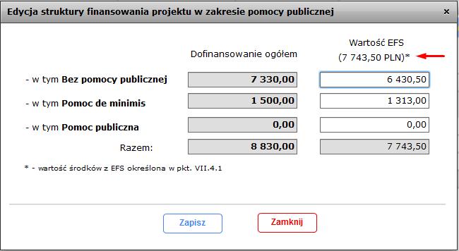 wiersz Pozostało, dla kolumn Wydatki kwalifikowalne i Dofinansowanie Ogółem wartości w polach wyliczane są automatycznie i informują o pozostałej do wprowadzenia wartości wydatków.