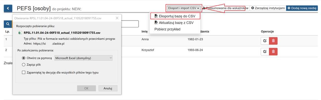 Z poziomu modułu PEFS wybierz przycisk Eksport i import CSV, a następnie Eksportuj bazę do CSV z listy rozwijalnej.