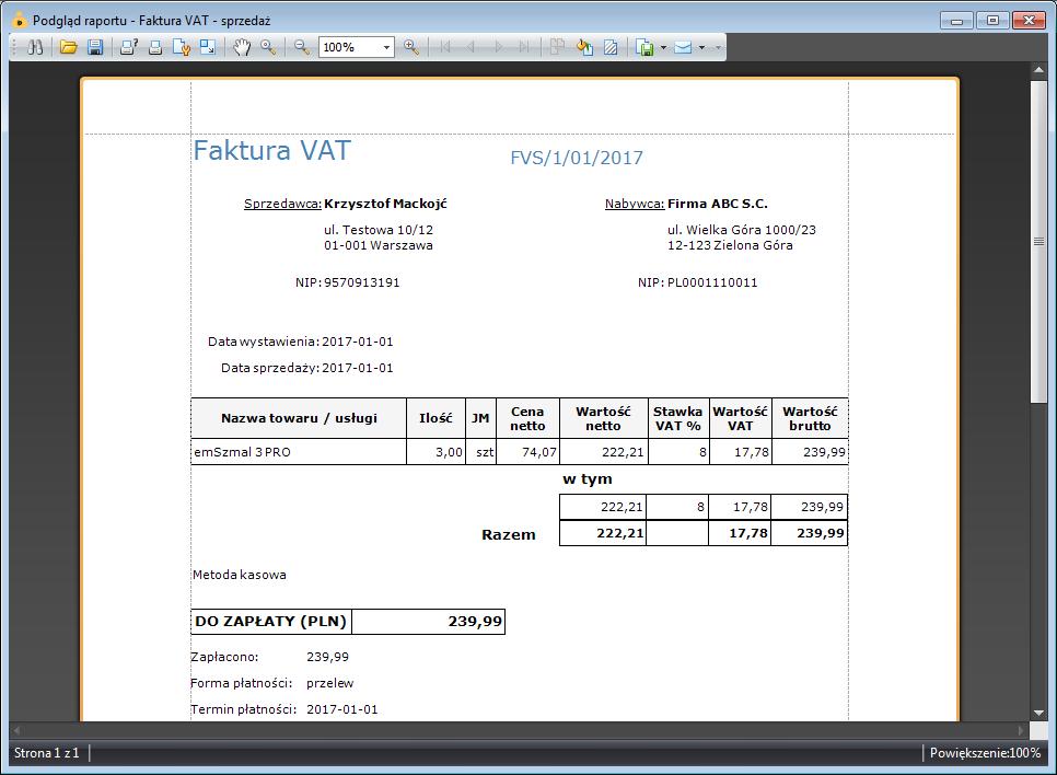 Wystawione dokumenty możemy zapisywać w formacie PDF, wysyłać e-mailem oraz drukować wg. zdefiniowanego w programie szablonu.