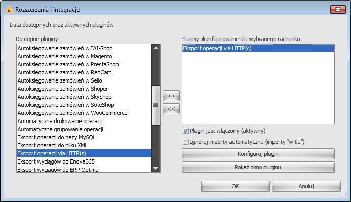 Aby aktywować dowolny plugin dla rachunku, wybieramy jego nazwę z listy Dostępne pluginy, a następnie klikamy przycisk >>. Pojawi się wówczas okno szczegółowej konfiguracji danego pluginu.