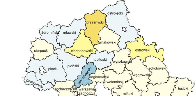 Powiaty według relacji wyniku budżetowego do dochodów ogółem w 2016 r.