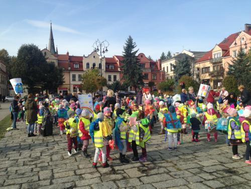 Dzieci z obydwu przedszkoli przemaszerowały ubrane w stroje ekologiczne ulicami miasta niosąc plakaty a następnie na rynku rozdawały wykonane