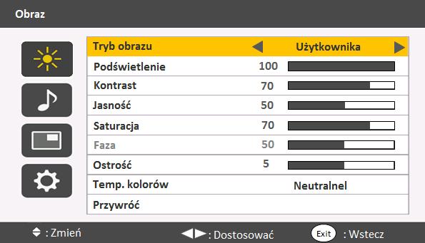 4. Menu ekranowe 15 Menu Obraz Nazwa Tryb obrazu Podświetlenie Kontrast Jasność Saturacja Faza Ostrość Temp. kolorów Przywróć Opis Wybór trybu wyświetlania.