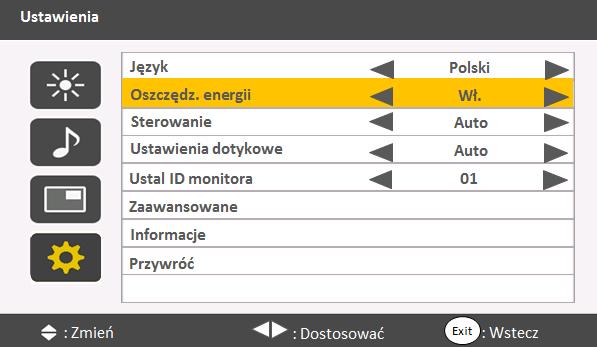 20 4. Menu ekranowe Menu Ustawienia Język Nazwa Oszczędz. energii Sterowanie Opis Wybór preferowanego języka menu ekranowego.