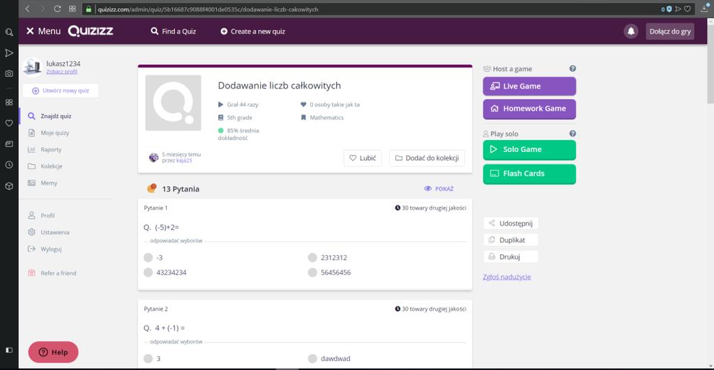 Po wyszukani przykładowego quizizz