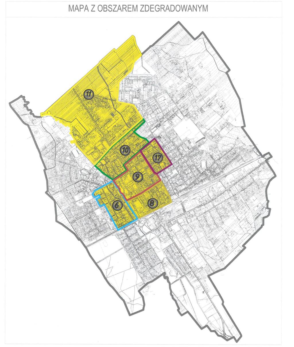 Propozycja obszaru zdegradowanego w ramach Lokalnego Programu Rewitalizacji Miasta Żyrardowa obszar zdegradowany okręg powierzchnia w ha % udziału w powierzchni miasta mieszkańcy 6 30,77 2,14%