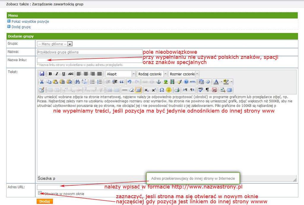 Rys. Formularz dodania grupy Edycja grupy pozycji w menu Aby zaktualizować/wprowadzić zmiany w istniejącej grupie należy użyć ikony edycji.