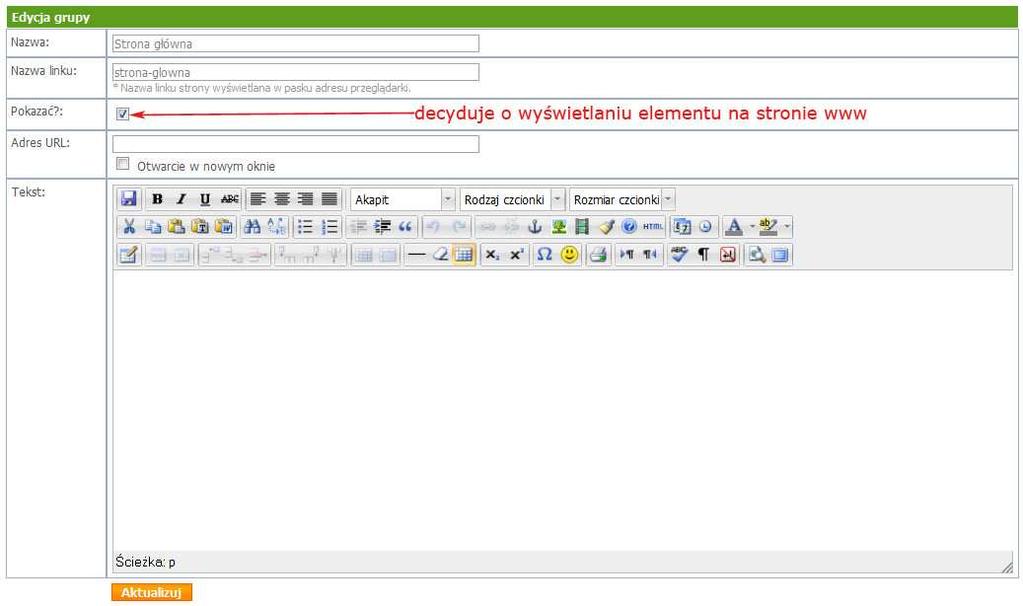 Rys. Formularz edycji grupy Dokonane zmiany zatwierdzamy przyciskiem Aktualizuj. Usuwanie grupy Do usuwania grupy (strony tekstowej) służy ikona. UWAGA!
