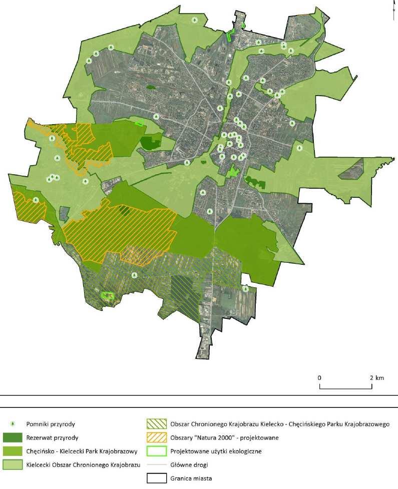 Rysunek 6. Obszary objęte formami ochrony przyrody na terenie Kielc; naniesiono lokalizację terenów objętych aktualizacją LPR źródło:www.um.kielce.