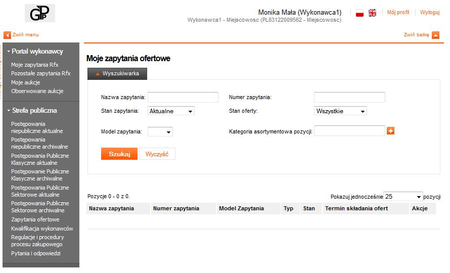 8 Podstawowe informacje o module RFX W celu wzięcia udziału w procesie składania ofert, wykonawca powinien zalogować się do systemu. Po poprawnym zalogowaniu należy wybrać sekcję Portal wykonawcy.