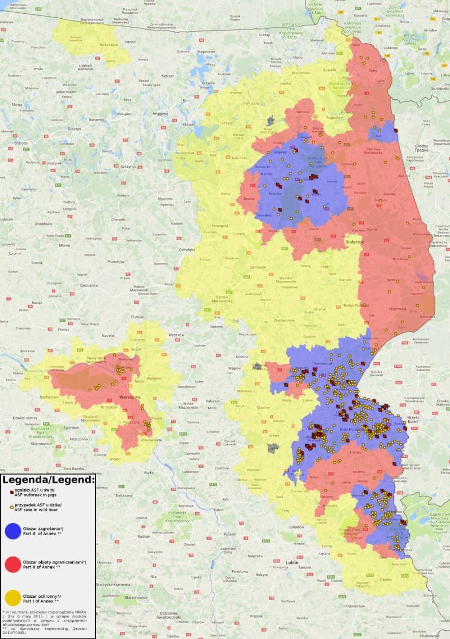 Sytuacja ASF w 2017r w Polsce wg danych na 31.12.2017: -81 ognisk u świń w 2017r (104 ogniska od początku epizootii tj. 17.02.