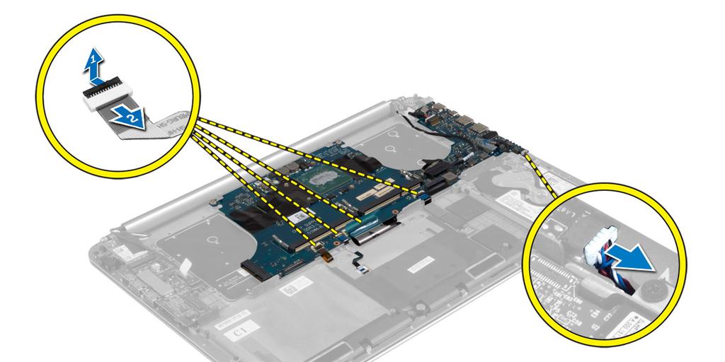 4. Unieś zatrzaski złączy [1] i odłącz [2] następujące kable od płyty systemowej: a. podświetlenie klawiatury b. tabliczka dotykowa c. klawiatura (najpierw odklej taśmę i unieś zatrzask złącza) d.