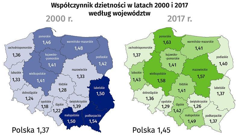 Mapa 1. Współczynnik dzietności Żródo: GUS, http://stat.gov.pl/infografiki-widzety/infografiki/infografika-dzien-matki- 26