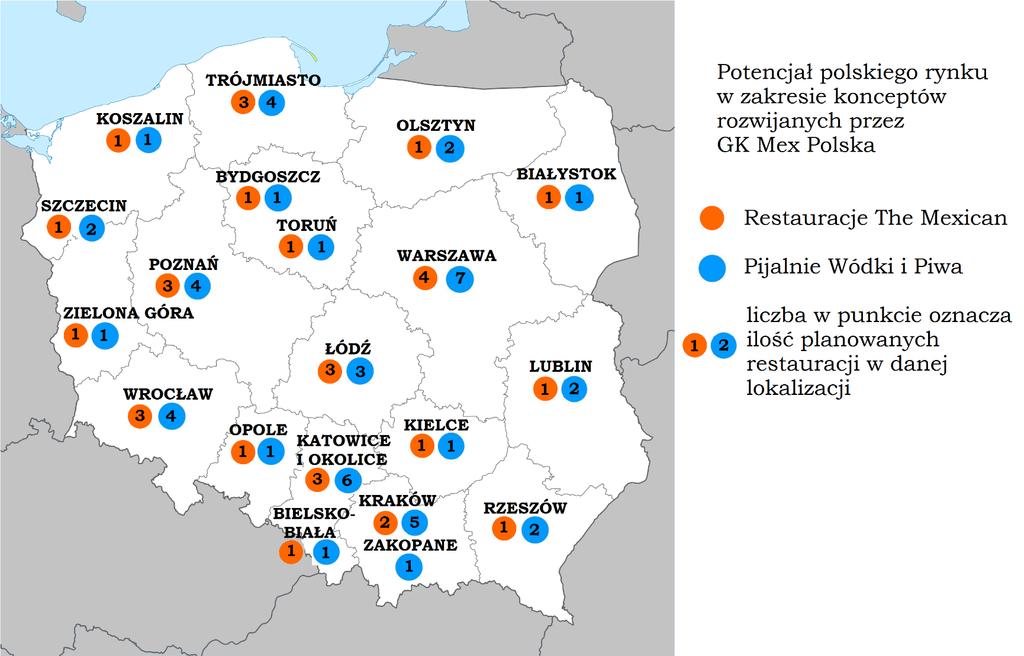 Potencjał lokalizacji Grupa do roku 2019 planuje zarzadzać 34 bistro Pijalnia Wódki i Piwa oraz 16 restauracjami The