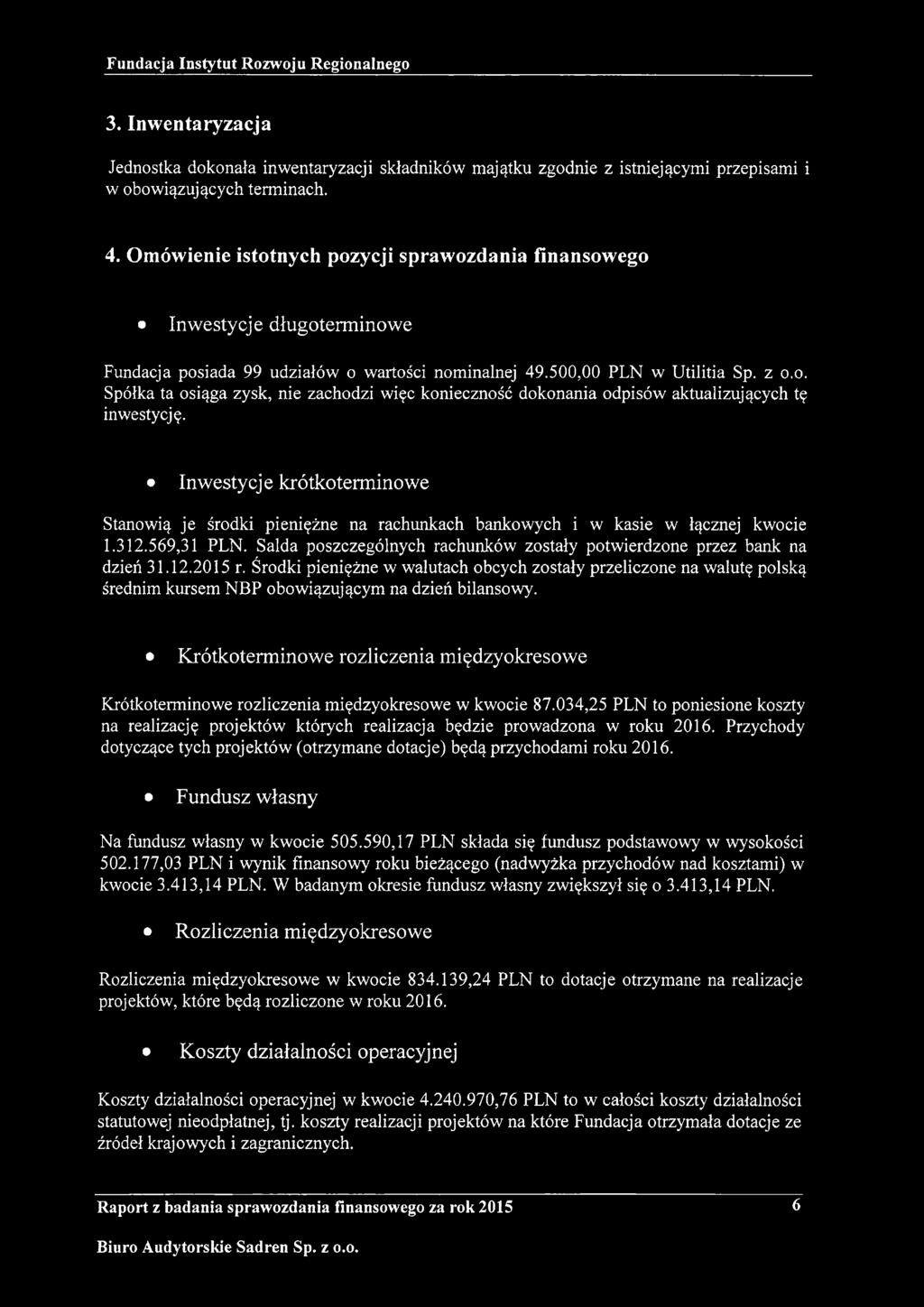 Inwestycje krótkoterminowe Stanowią je środki pieniężne na rachunkach bankowych i w kasie w łącznej kwocie 1.312.569,31. Salda poszczególnych rachunków zostały potwierdzone przez bank na dzień 31.12.2015 r.