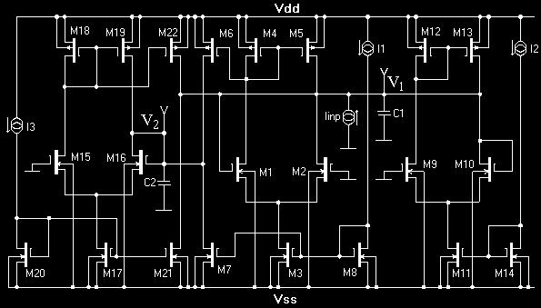 Rys.. Schemat ideowy oscylatora Tabl. 1. Wymiary tranzystorów par różnicowych układu CMOS oscylatora M1, M M9, M10 M15, M16 W[µm] 6 3 3 L[µm] 3 6 15.7 Tabl.
