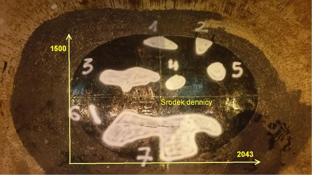 4. PRZYKŁAD STOSOWANIA ALGORYTMU EKSKLUZJI Podczas badań UT dna kadzi żużlowej wykryto duże obszary z osłabieniem echa dna powyżej 12 db lub całkowitym zanikiem echa dna.