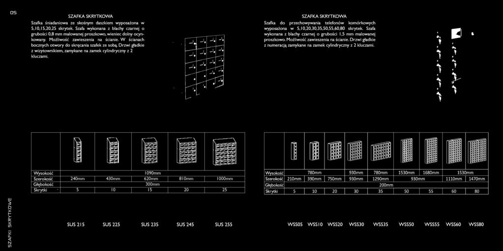 SZAFKA SKRYTKOWA Szafka do przechowywania telefonów komórkowych wyposażona w 5, I 0,20,30,35,50,55,60,80 skrytek. Szafa wykonana z blachy czarnej o grubości 1,5 mm malowanej proszkowo.
