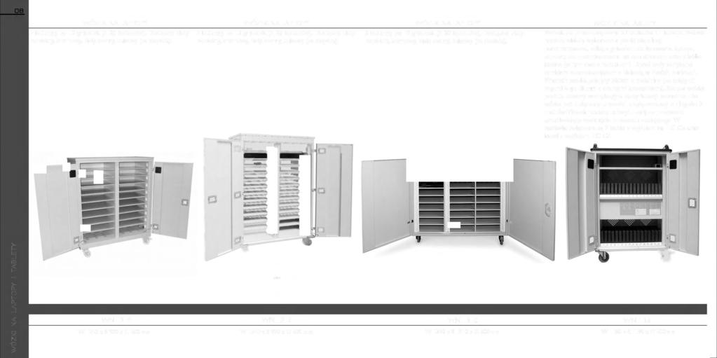 WÓZEK NA LAPTOPY WÓZEK NA LAPTOPY 2 kolumny po I O gniazdek (L 20 laptopów). Dostępne blaty: 2 kolumny po 13 gniazdek (L 26 laptopów).