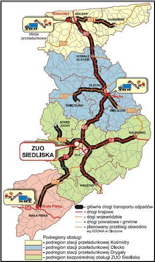 Ryc. 13.5 Stacje przeładunkowe na terenie regionu wschodniego gospodarki odpadami Źródło: eko-mazury.elk.