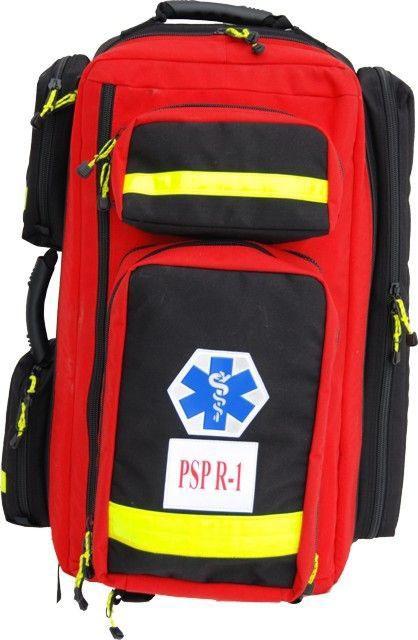 Plecak do zestawu PSP R-1 Wymiary zewnętrzne wys/szer/gł [mm] 630/380/280. Waga 13,5kg. Materiał CORDURA wykonany z poliamidu z odporną powłoką poliuretanową i apreturą teflonu, oznaczenia krzyż św.