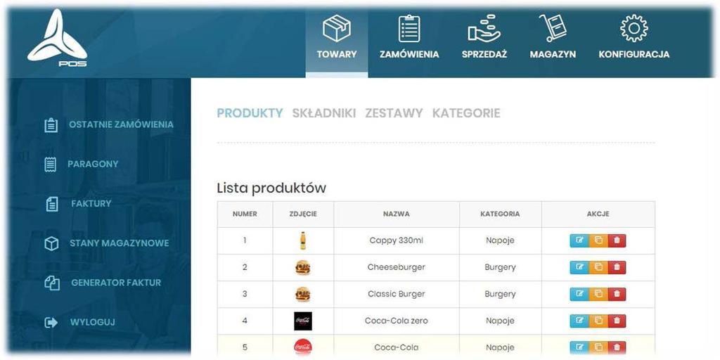 Dzięki przyciskom akcji znajdującymi się po prawej stronie listy, możemy każdy produkt edytować (niebieski), klonować (żółty) lub usunąć (czerwony).