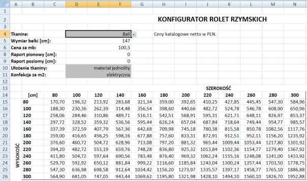 KONFIGURATOR ROLET RZYMSKICH KROK 1: Wycena materiału do rolety rzymskiej Tkanina to parametr wybieralny z listy rozwijanej materiałów Mio Decor.