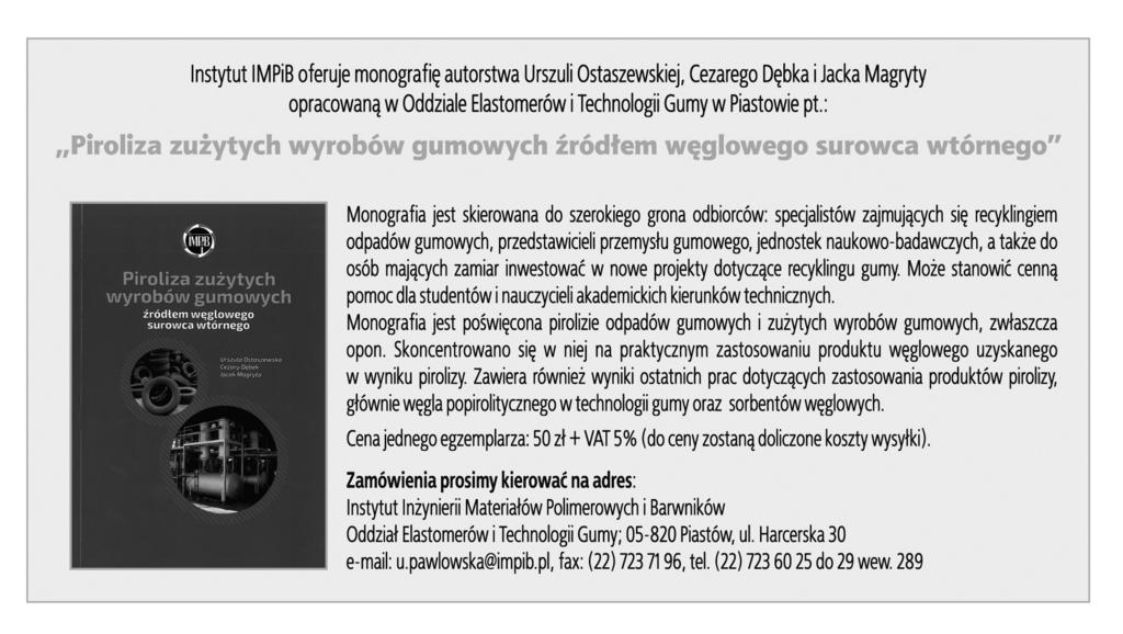 50 Bibliografia/Literature 1. Wirpsza Z., Poliuretany. Chemia, technologia, zastosowanie, Wydawnictwo Naukowo Techniczne, Warszawa 1991. 2. Razmara M., Saidpour S.H., Arunchalam S.
