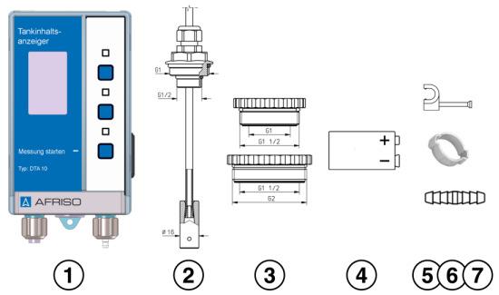 3 Opis urządzenia 3.1 Elementy dostawy Rys. 1: Elementy dostawy elektroniczno-pneumatycznego urządzenia do pomiaru poziomu DTA 10 1 Sygnalizator 5 Gwoździe z opaską do montażu przewodu (25 szt.