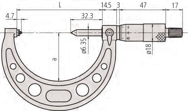 Mikrometr do gwintów Seria 125 Mikrometr do pomiaru gwintów posiada następujące zalety: Stałe kowadełko Bezpośredni odczyt średnicy podziałowej gwintu oznacza brak konieczności obliczeń ±(2+L/75) µm