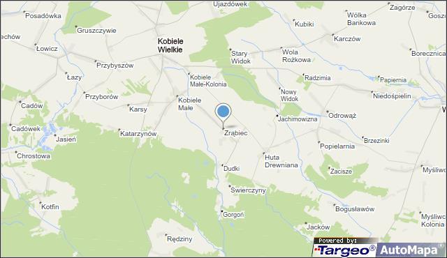 Zrąbiec oddalony jest od miasta powiatowego Radomska o ponad 16 kilometrów.