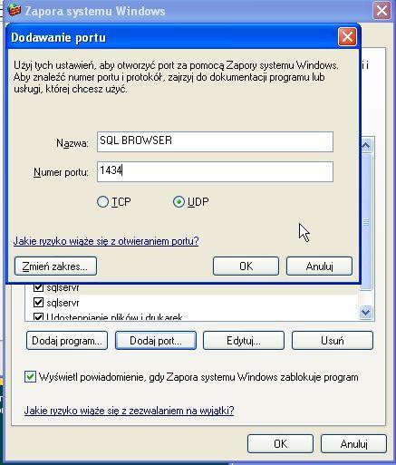 drugi dotyczy samej usługi serwera SQL - należy dodać "Dodaj program" a następnie wskazać program sqlserv.