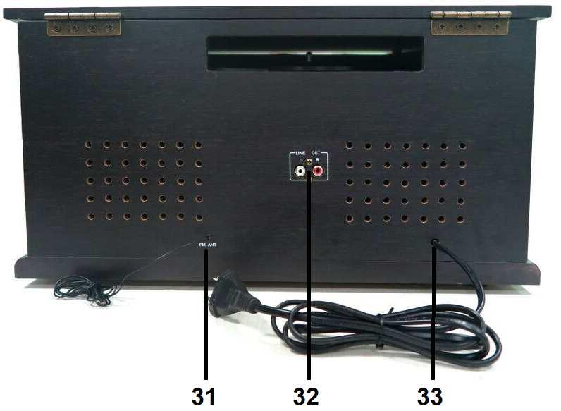 Widok od tyłu 31 Antena FM 32 Wyjście RCA (lewe i prawe) 33 Kabel zasilania (~1,5m) Pierwsze uruchomienie Z uwagą przeczytać indtrukcję. Włożyć wtyczkę urządzenia do gniazdka sieciowego AC 220V-240V.