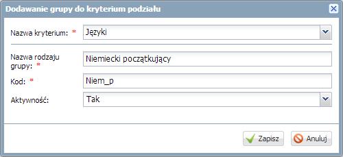 Zarządzanie słownikami Aby dodać nowe kryterium podziału należy: Kliknąć przycisk Dodaj kryterium i wypełnić formularz Dodawanie grupy do kryterium podziału.