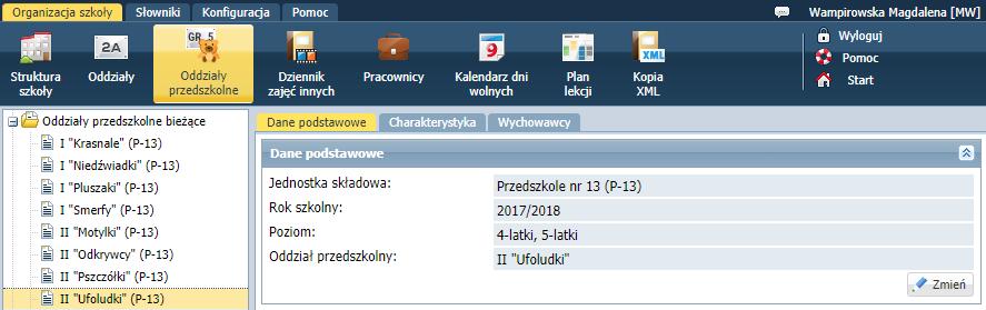 W tym celu należy kliknąć przycisk Utwórz na podstawie poprzedniego roku. Dane oddziału zgromadzone są na trzech kartach: Dane podstawowe, Charakterystyka oraz Wychowawcy.