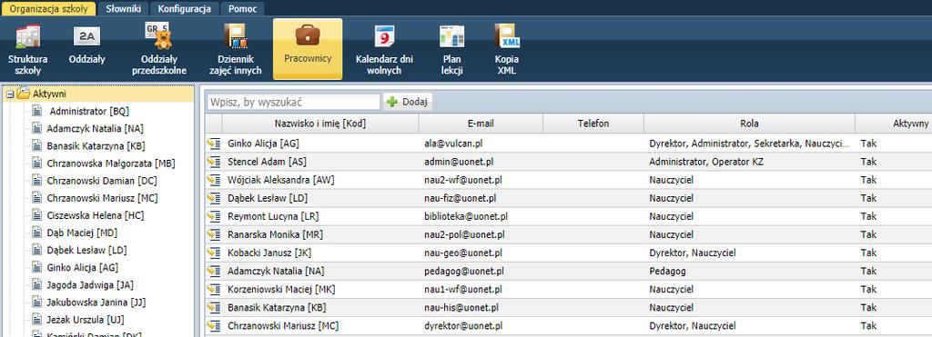 Aby dodać nowego pracownika do listy należy: W drzewie danych wybrać gałąź Aktywni (lub Nieaktywni). Kliknąć przycisk Dodaj.