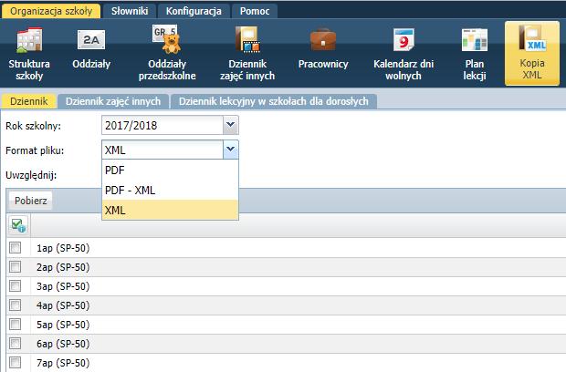 Wprowadzanie planów lekcji oddziałów Wykonanie i podpisanie kopii XML dziennika Aby wygenerować kopię XML dziennika należy: Na karcie Organizacja szkoły kliknąć Kopia XML.