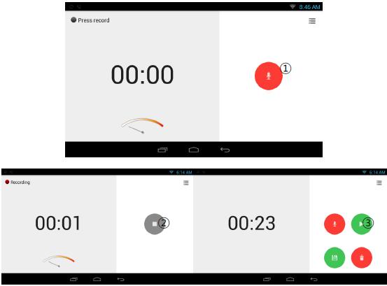 1) Aby nagrać notatkę stuknij ikonę 1 2) Stuknij ikonę 2 aby zatrzymać nagrywanie. Aby usunąć nagranie stuknij ikonę. Aby zapisać nagranie stuknij ikonę.