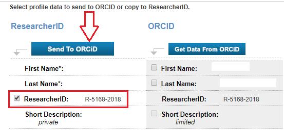 Następnie należy zaznaczyć swój identyfikator i kliknąć Send To ORCID.