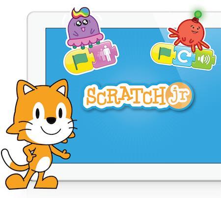 - Scratch Jr to bezpłatna aplikacja dla dzieci, dzięki której można w przystępny sposób nauczyć się programować proste gry i interakcje.