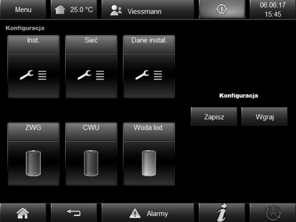 Konfiguracja instalacji Konfiguracja Wywołanie za pomocą Menu Konfiguracja Rys. 5 Przyciski: Inst. Konfiguracja instalacji Sieć Ustawienia sieciowe Dane instal.