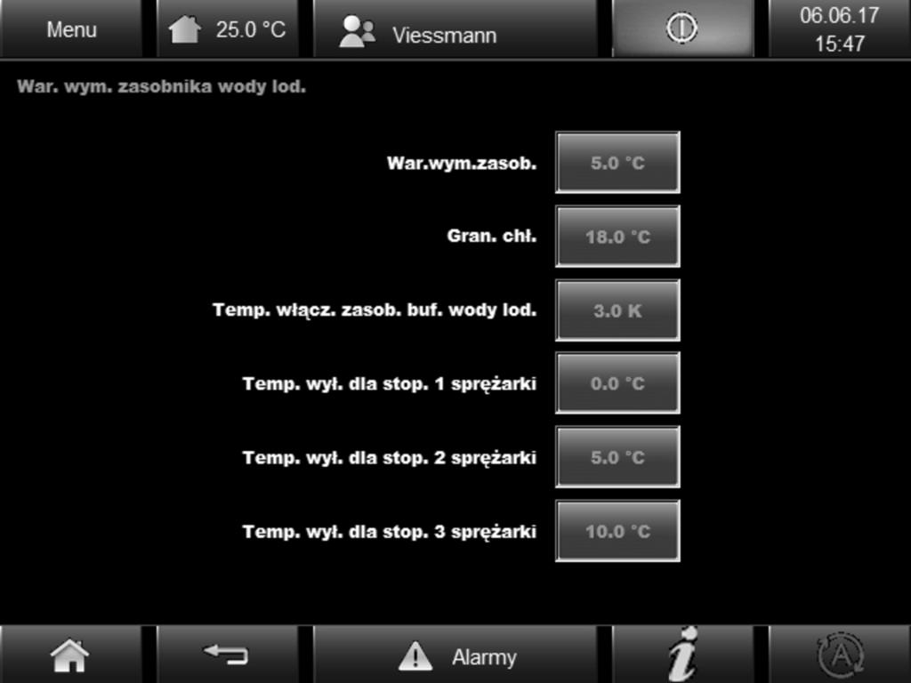 Konfiguracja instalacji Wprowadzenie wartości wymaganych (ciąg dalszy) Wartości wymagane dla zasobnika wody lodowej Wywołanie za pomocą Menu Wart. wym. Woda lod. Rys.