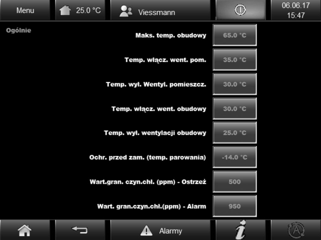 Konfiguracja instalacji Wprowadzenie wartości wymaganych (ciąg dalszy) Ogólne wartości ustawień dla instalacji Wywołanie za pomocą Menu Wart. wym. Ogólnie Rys.