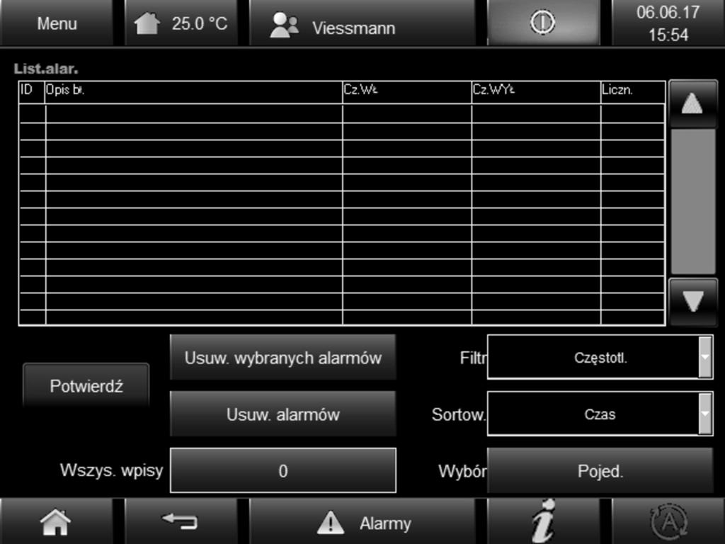 Lista alarmów Usuwanie usterek Usterki wywołują alarmy. Po aktywacji alarmu symbol alarmu ma kolor czerwony. Należy usunąć przyczyny usterki, aby zapewnić prawidłową pracę instalacji.