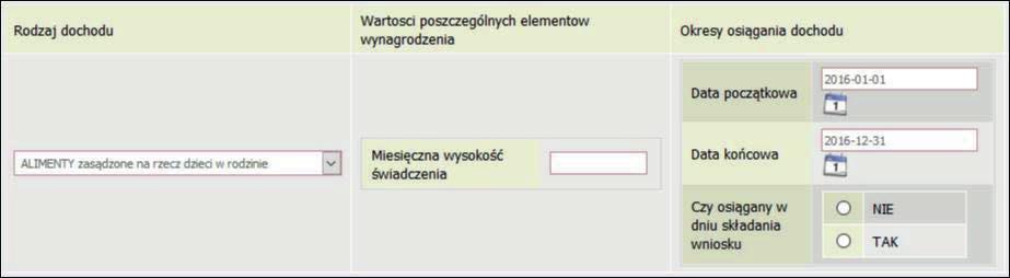 DOCHODY Z ALIMENTÓW Na tym ekranie wpisz miesięczną wysokość: alimentów zasądzonych na rzecz dzieci w rodzinie, zaliczki alimentacyjnej, świadczenia pieniężnego wypłaconego w przypadku