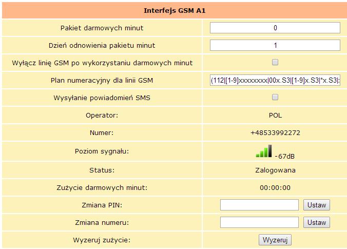 Pakiet darmowych minut limit dostępnych darmowych minut, po przekroczeniu wartości w zależności od ustawień centrala wyśle SMS z powiadomieniem lub/i zablokuje linie GSM dla ruchu wychodzącego z