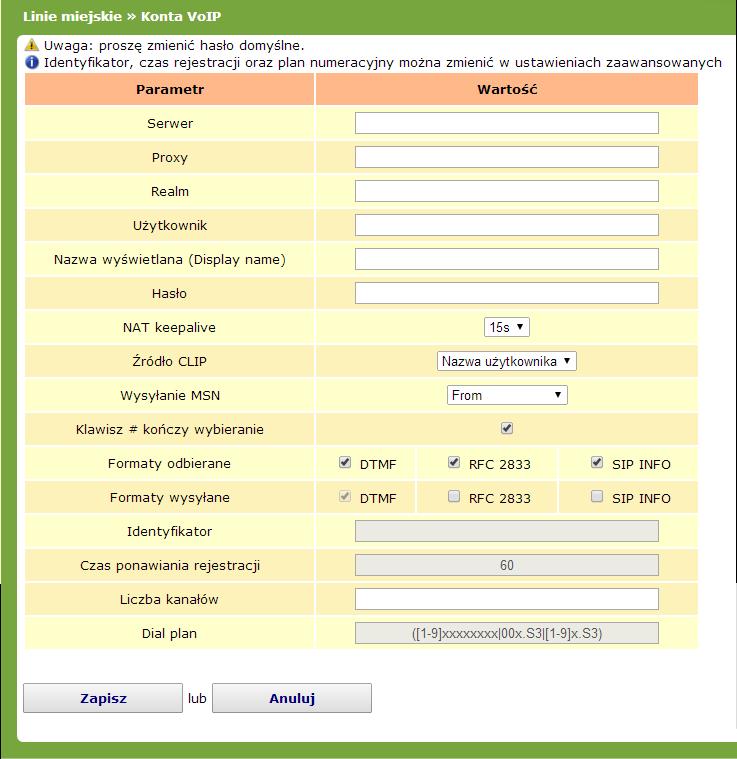 Serwer adres serwera operatora VoIP. Proxy pole opcjonalne wypełniane tylko w przypadku żądania operatora VoIP, aby rozmowa przechodziła przez konkretny serwer Proxy.