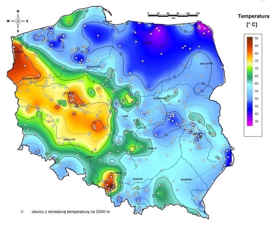 WARUNKI GEOTERMICZNE KRAJU ROZKŁAD TEMPERATURY W POLSCE NA GŁĘBOKOŚCI 2 i 3 KM (Szewczyk,